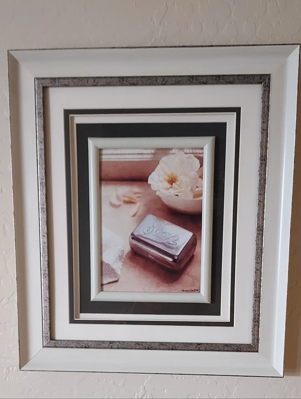 Kirklands Framed Floral Print for the bathroom white, cream, silver. Soft Vibe. - Picture 2 of 4